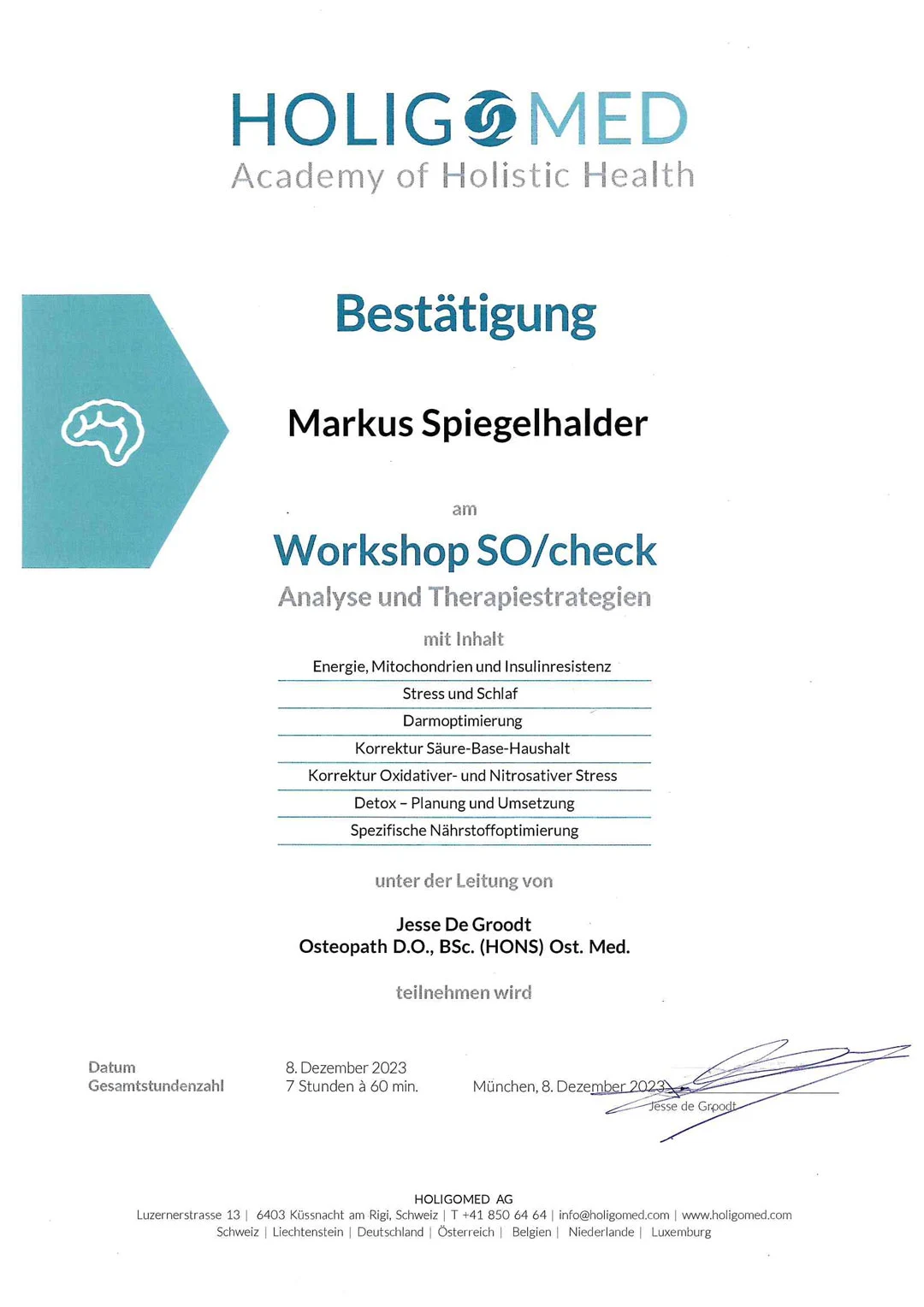 Teilnahmebestätigung für Markus Spiegelhalder zum Workshop SO/check: Analyse und Therapiestrategien von HOLIGOMED