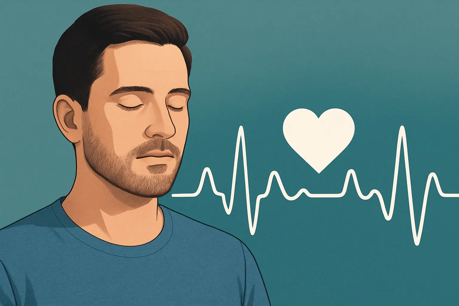 Illustration eines jungen Mannes mit geschlossenen Augen und HRV-Kurve mit Herzsymbol auf blauem Hintergrund – symbolisiert Herzratenvariabilität und innere Balance.